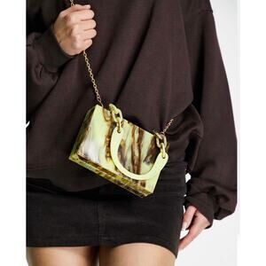ASOS marble box clutch bag w crossbody detachable chain yellow swirl purse $50